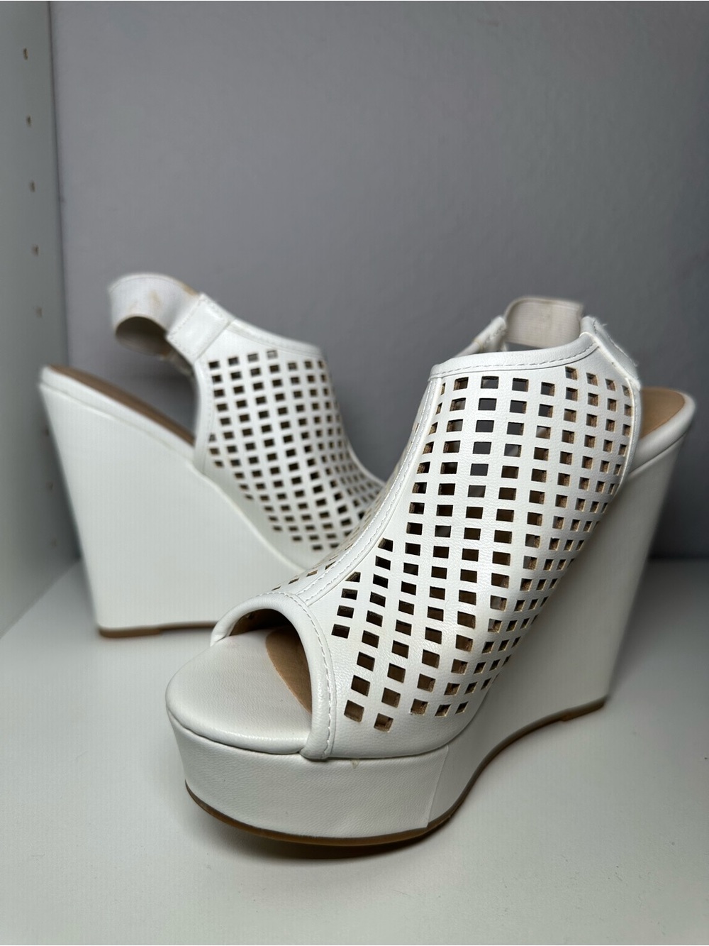 Women's White Cutout Peep-Toe Wedge Sandals